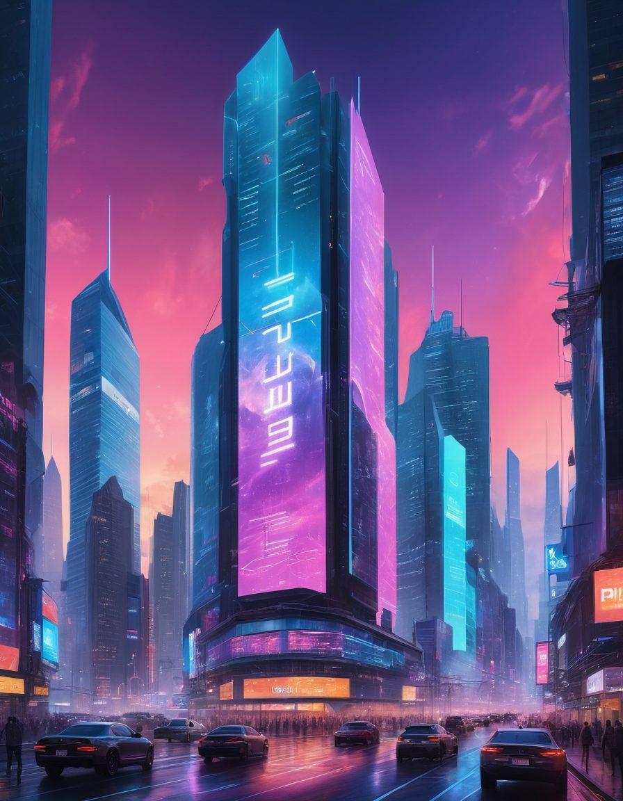 A futuristic cityscape with holographic billboards and transparent skyscrapers showcasing web development codes and digital solutions. A diverse team of developers work on floating touchscreens, with the year 2023 boldly displayed in the sky. The image should exude innovation and collaboration, capturing the essence of cutting-edge technology. super-realistic. vibrant colors. cyberpunk.