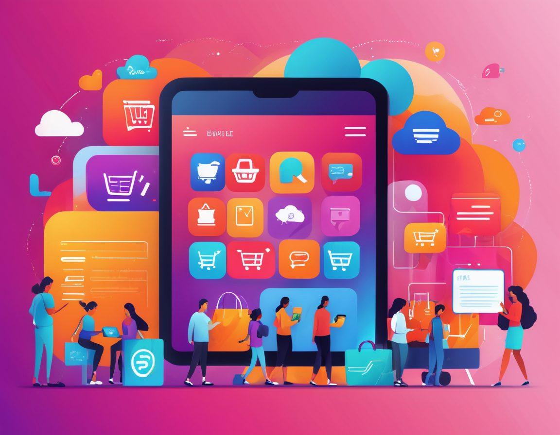 A bustling online marketplace scene with a diverse array of products, services, and digital interfaces, incorporating vibrant e-commerce icons, customer service chatbots, and mobile apps. People of different ages and backgrounds engaged in shopping and digital transactions to highlight inclusivity. modern, engaging, vibrant colors, vector art.