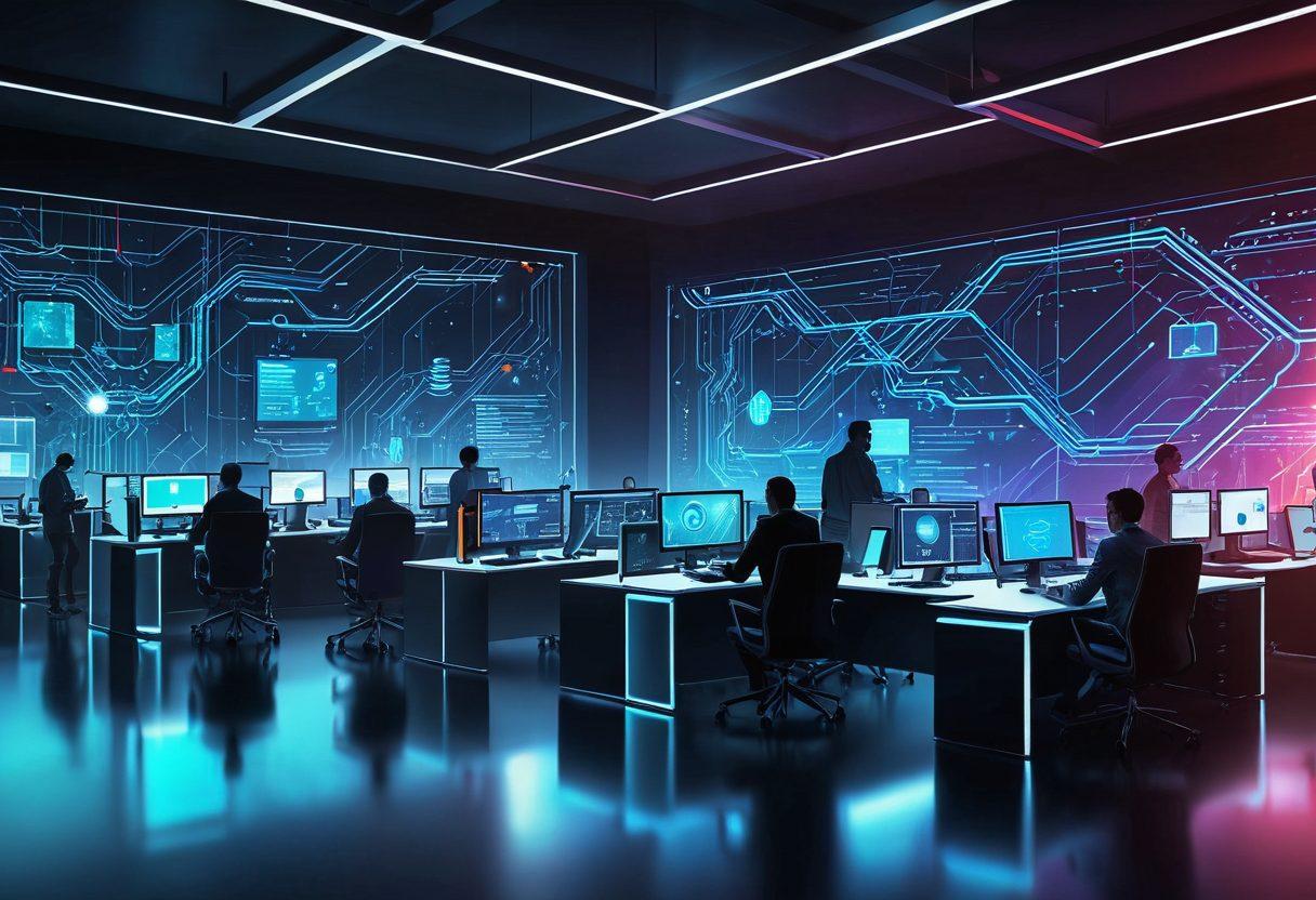 A vibrant, modern digital landscape featuring a sleek, futuristic office space filled with people working on cutting-edge tech, secure padlocks, and glowing data nodes. Elements should include websites, coding screens, and security shields interwoven with dynamic connections. Infuse a sense of security and progress. vector art. vibrant colors.